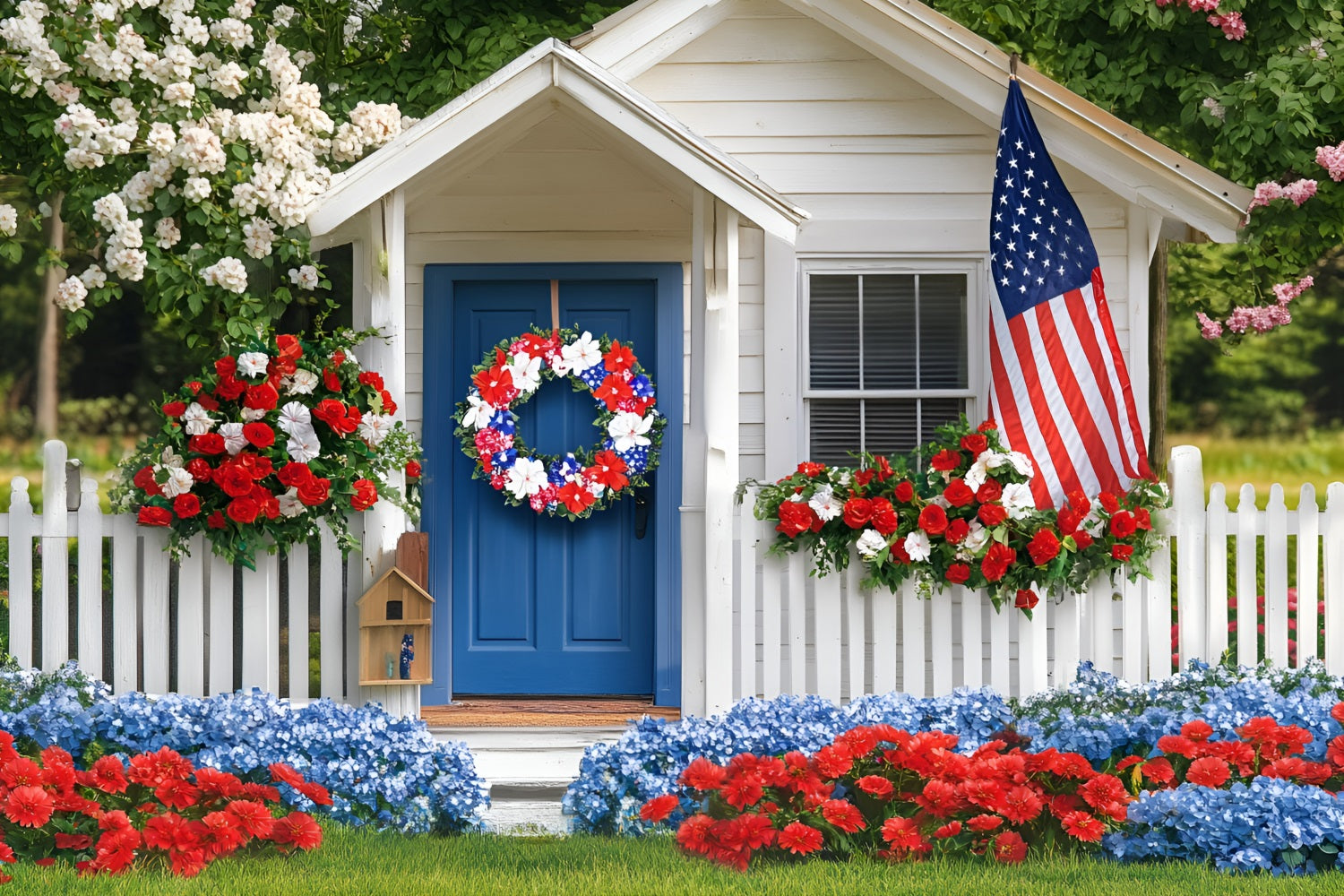 4th of July Photo Backdrop Patriotic Cottage Flowers Backdrop GQ5-4