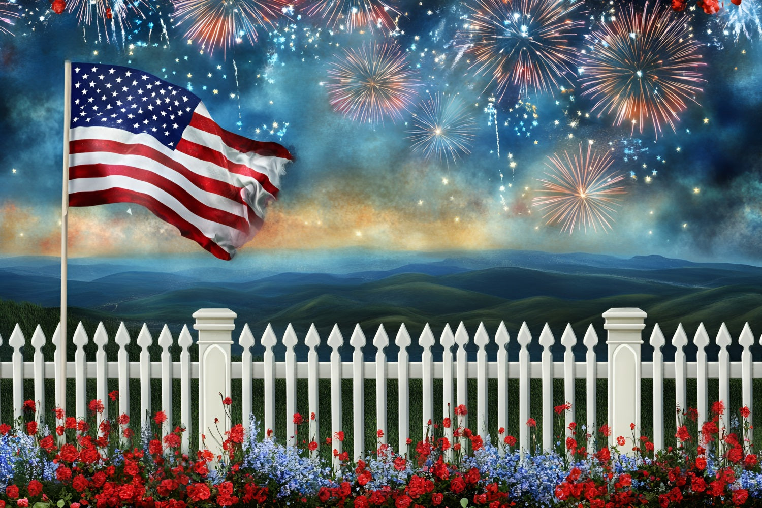 American Flag Backdrop Photography Patriotic Fence Fireworks Night Backdrop GQ5-7