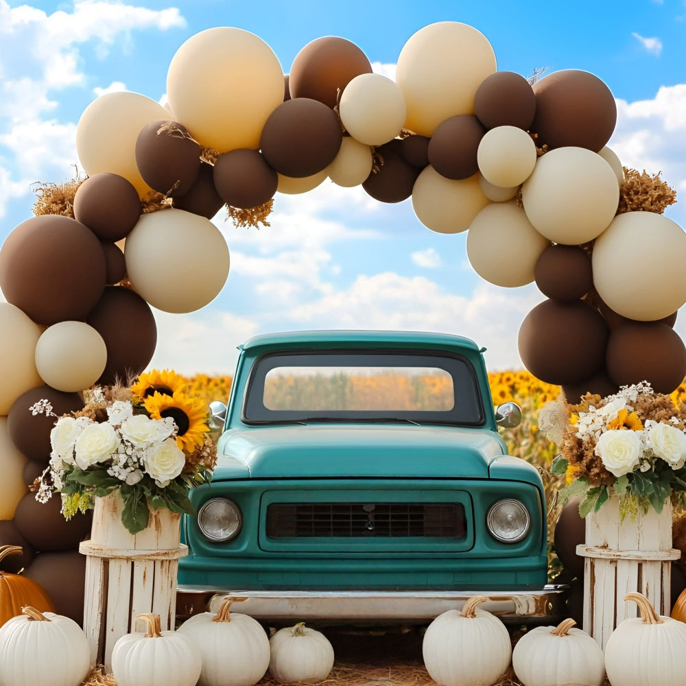 Autumn Backdrops Vintage Blue Truck Sunflower Backdrop GQ5-76