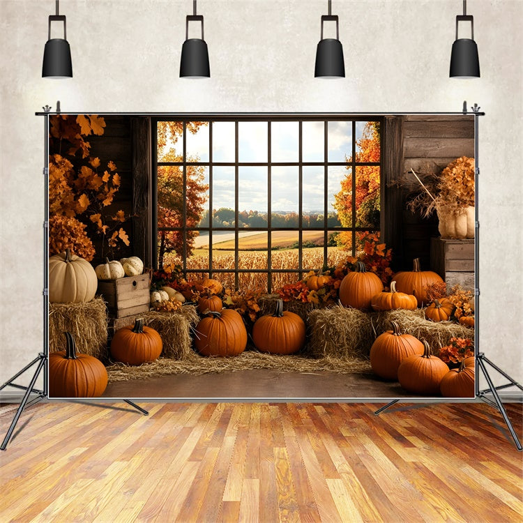 Fall Backdrop Pumpkin Harvest Rustic Window Backdrop GQ5-80