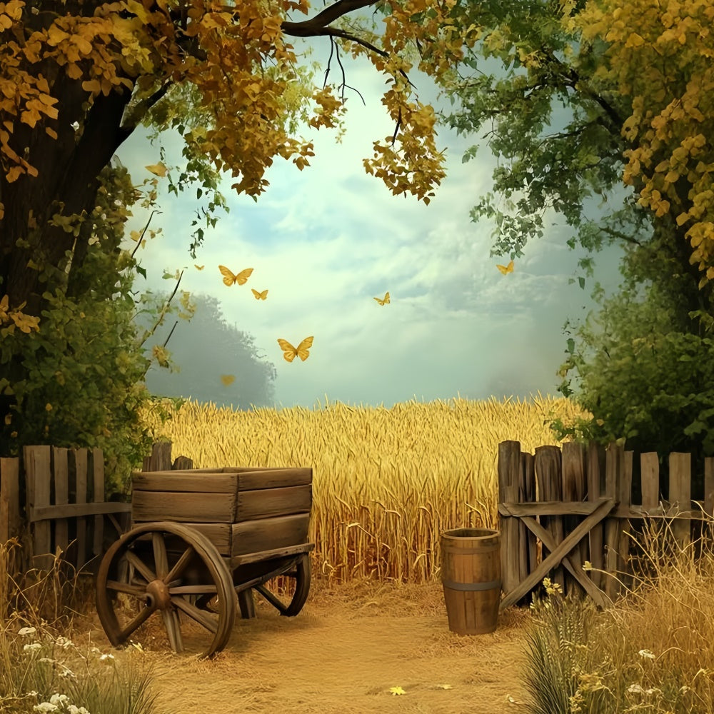 Autumn Backdrop Golden Wheat Field Butterflies Backdrop GQ5-86