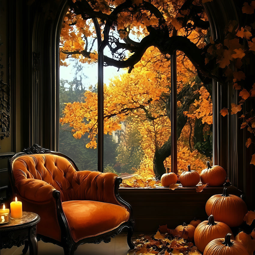 Fall Photo Backdrop Cozy Room Pumpkins Window Backdrop GQ5-87