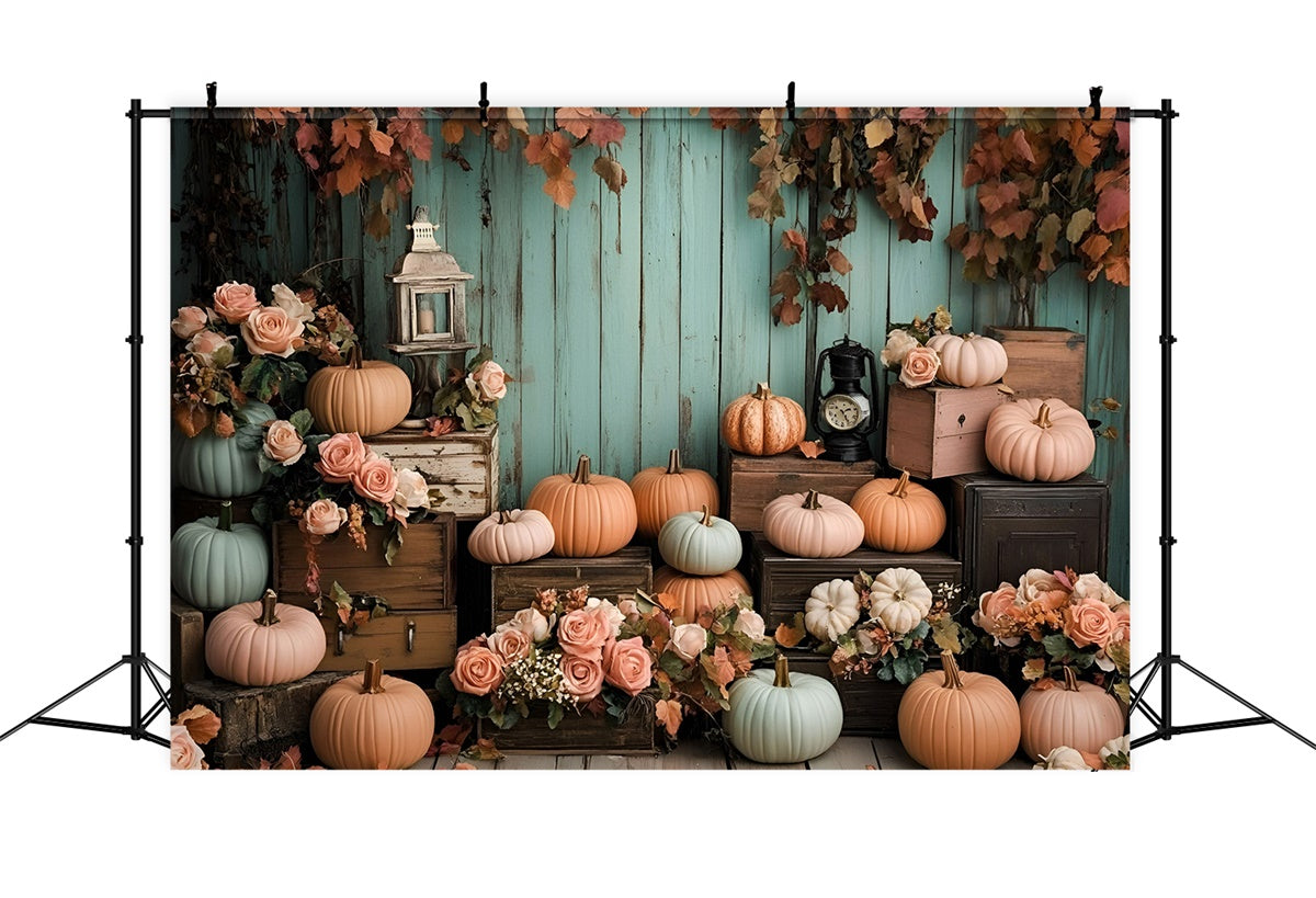 Autumn Photo Backdrop Mint Wood Wall Pumpkins Backdrop GQ5-89