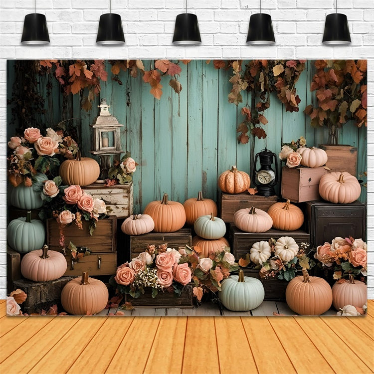 Autumn Photo Backdrop Mint Wood Wall Pumpkins Backdrop GQ5-89