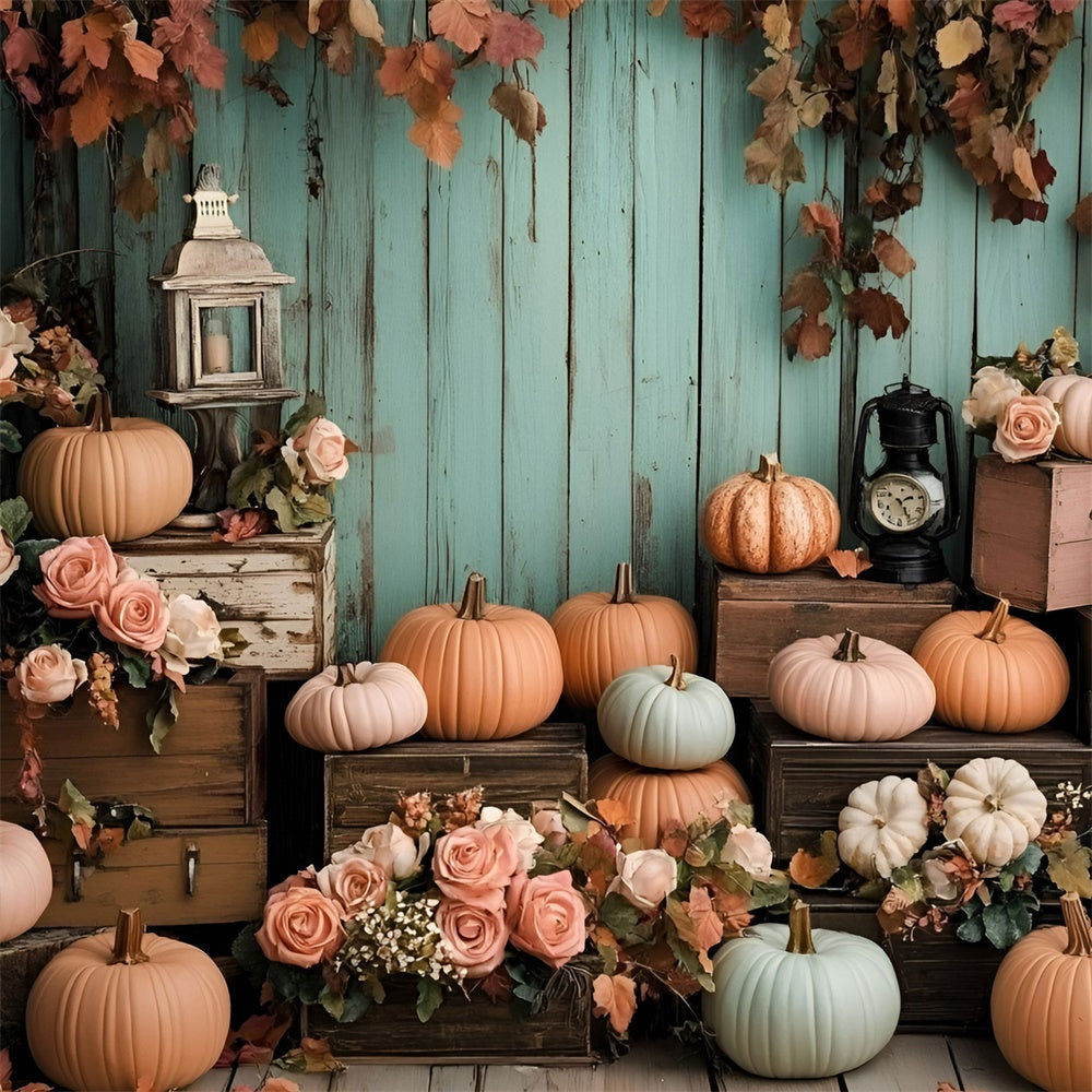 Autumn Photo Backdrop Mint Wood Wall Pumpkins Backdrop GQ5-89