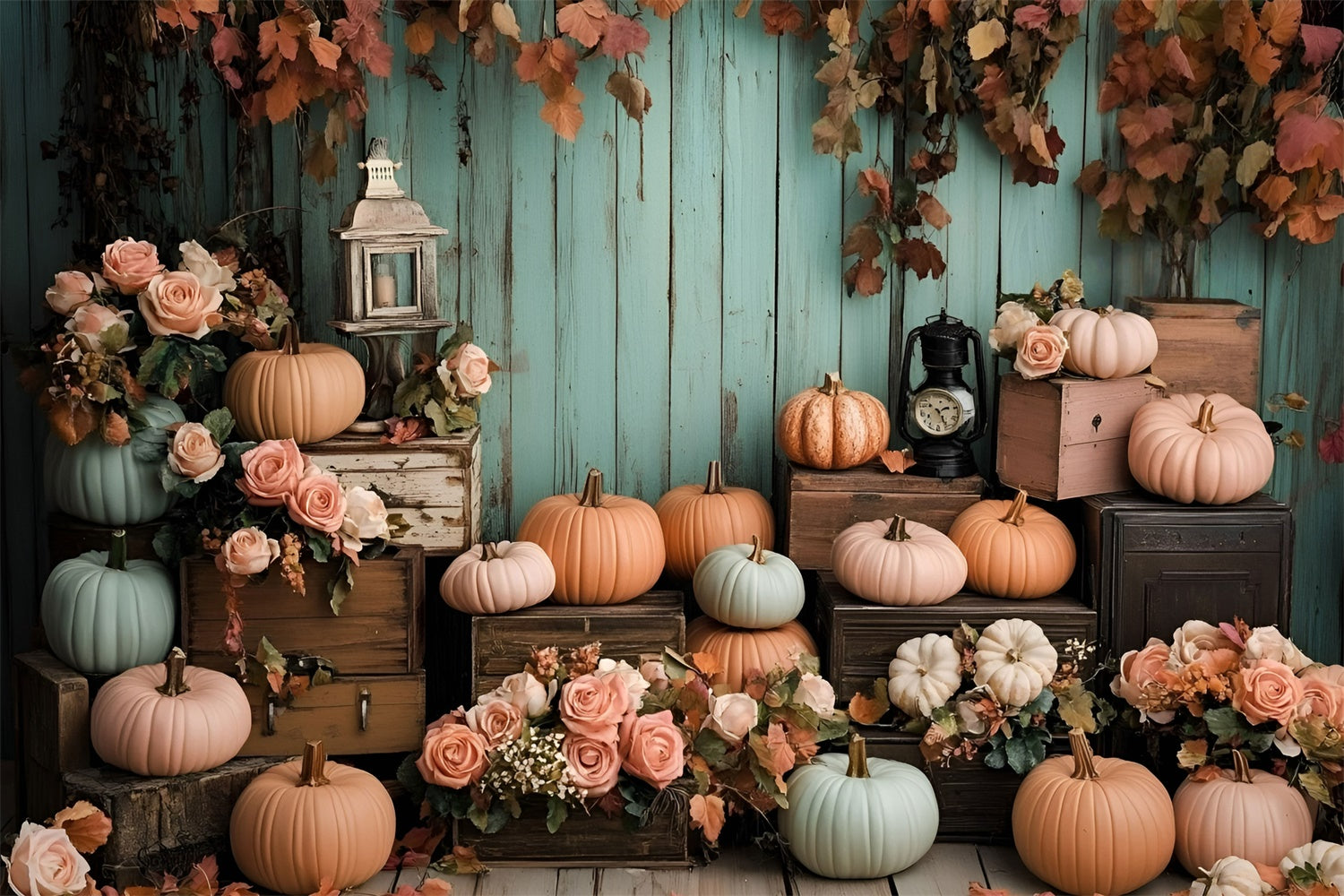 Autumn Photo Backdrop Mint Wood Wall Pumpkins Backdrop GQ5-89