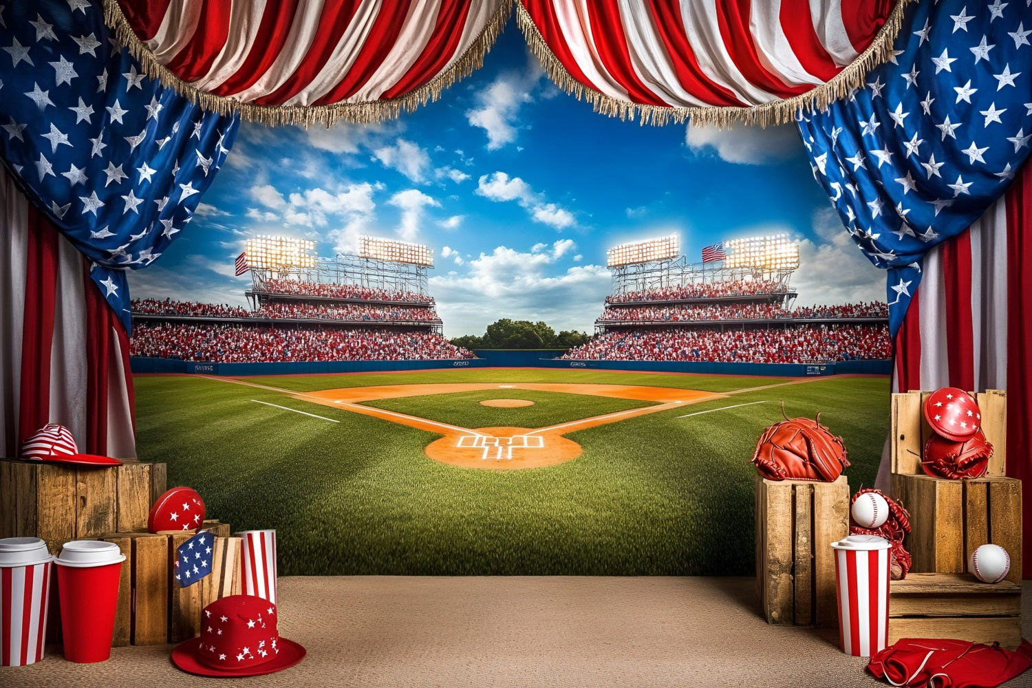 American Flag Backdrop Baseball Game Field Backdrop GQ5-9