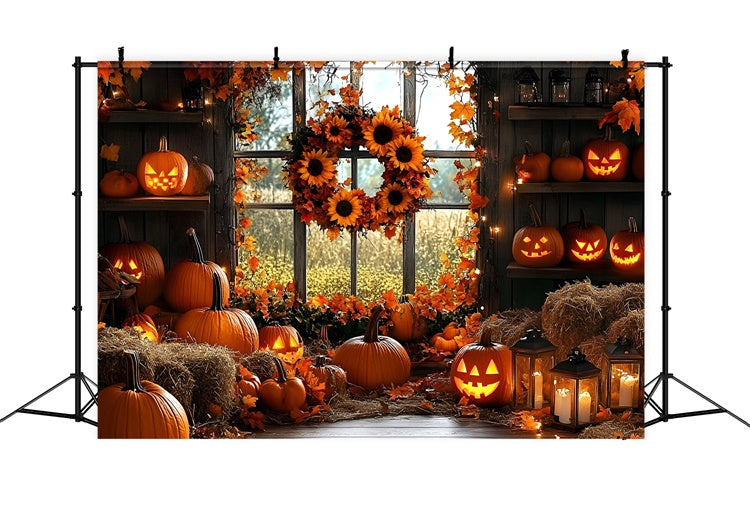Fall Backdrop Halloween Pumpkins Sunflower Wreath Backdrop GQ5-91