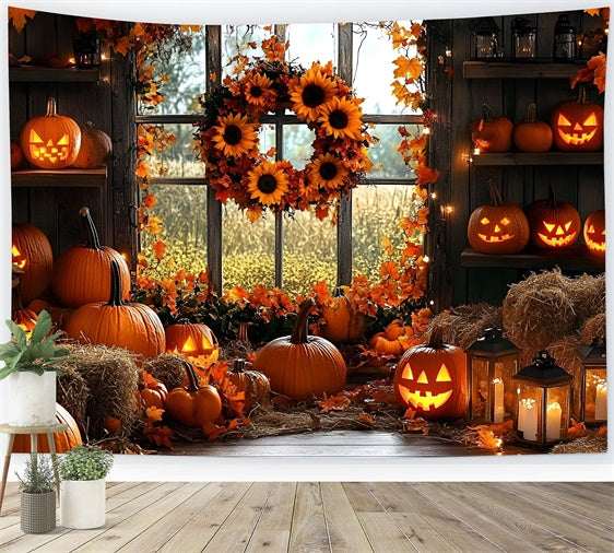 Fall Backdrop Halloween Pumpkins Sunflower Wreath Backdrop GQ5-91