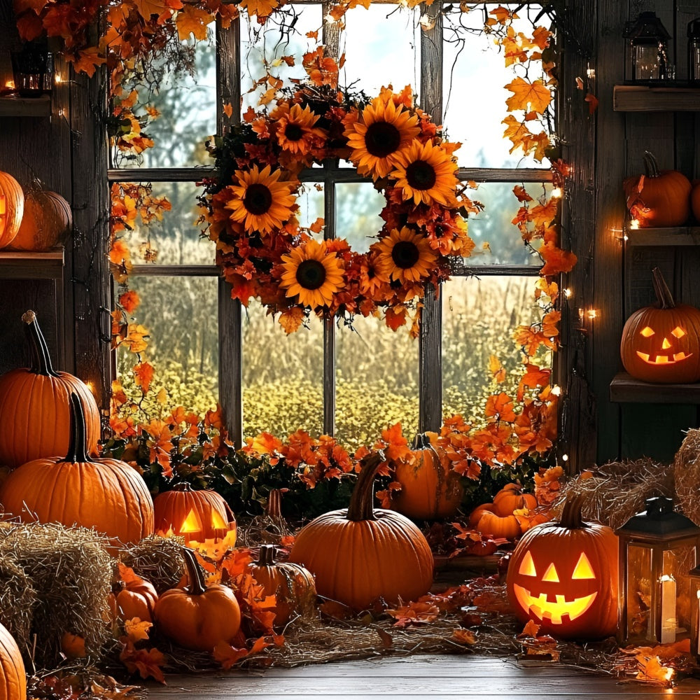 Fall Backdrop Halloween Pumpkins Sunflower Wreath Backdrop GQ5-91