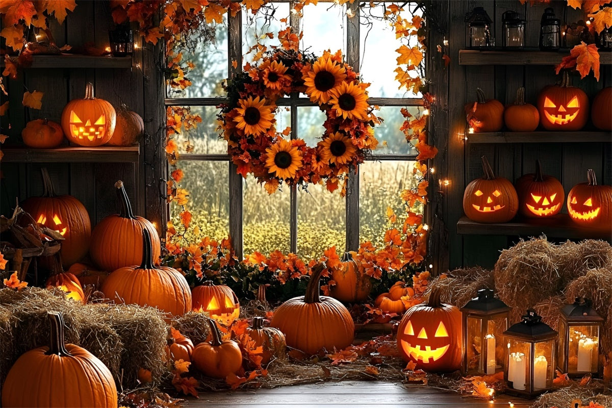 Fall Backdrop Halloween Pumpkins Sunflower Wreath Backdrop GQ5-91