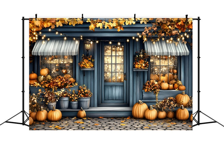 Autumn Backdrops Blue Cottage Porch Pumpkins Backdrop GQ5-92