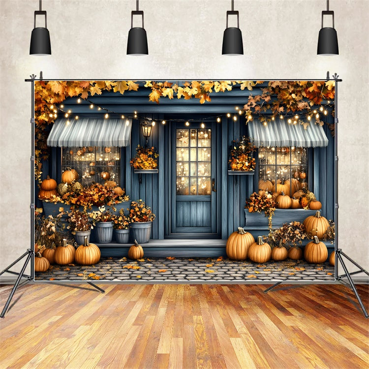 Autumn Backdrops Blue Cottage Porch Pumpkins Backdrop GQ5-92