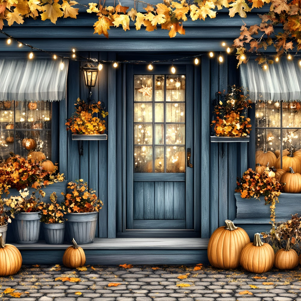Autumn Backdrops Blue Cottage Porch Pumpkins Backdrop GQ5-92