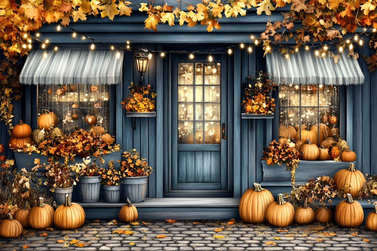 Autumn Backdrops Blue Cottage Porch Pumpkins Backdrop GQ5-92