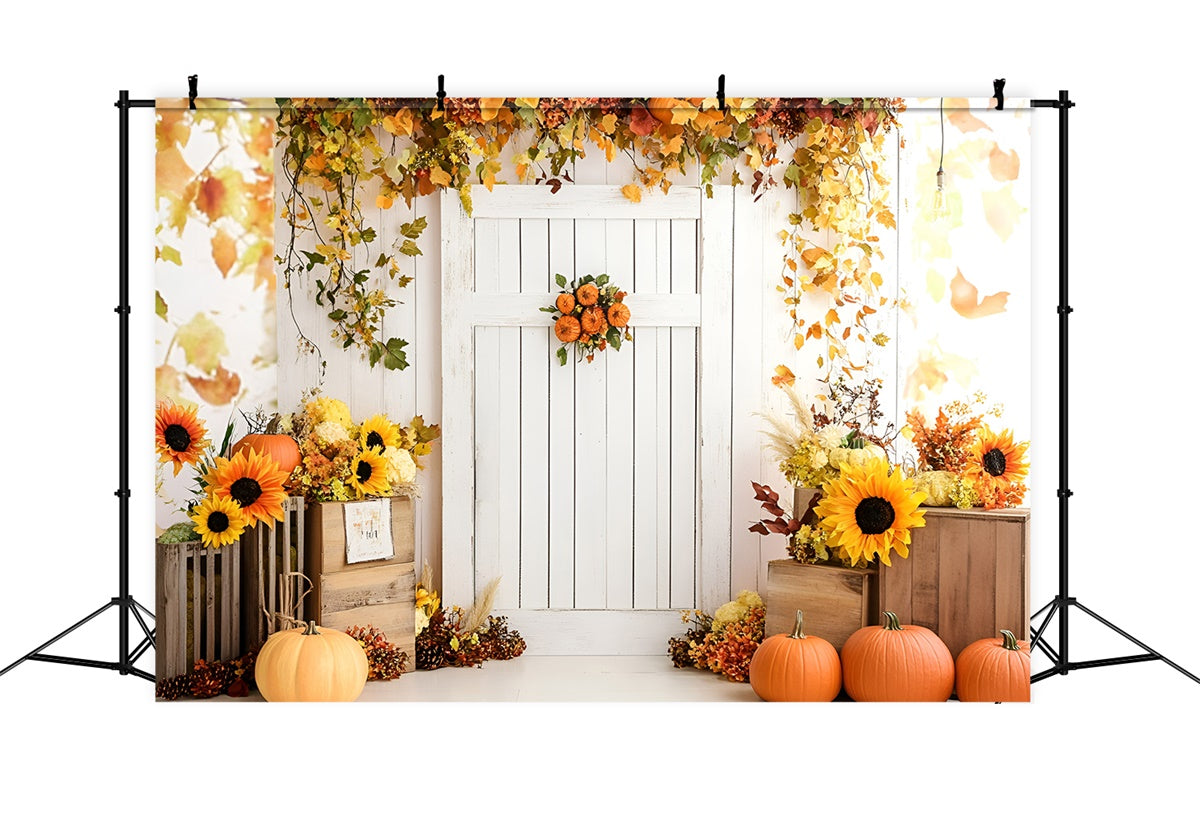 Fall Backdrop White Door Sunflowers Pumpkins Backdrop GQ5-95