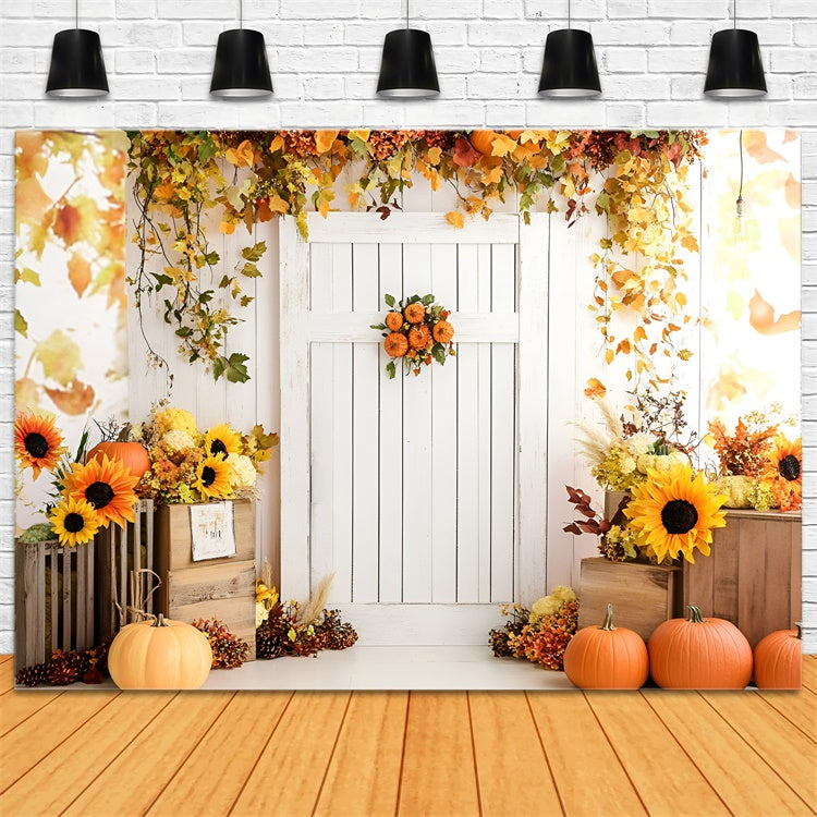 Fall Backdrop White Door Sunflowers Pumpkins Backdrop GQ5-95