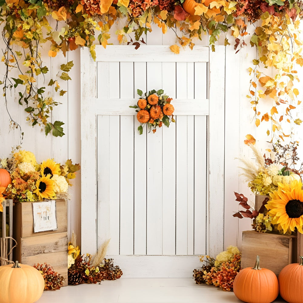 Fall Backdrop White Door Sunflowers Pumpkins Backdrop GQ5-95