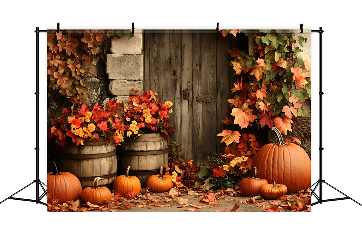Autumn Leaves Backdrop Wooden Door Autumn Floral Backdrop GQ5-98