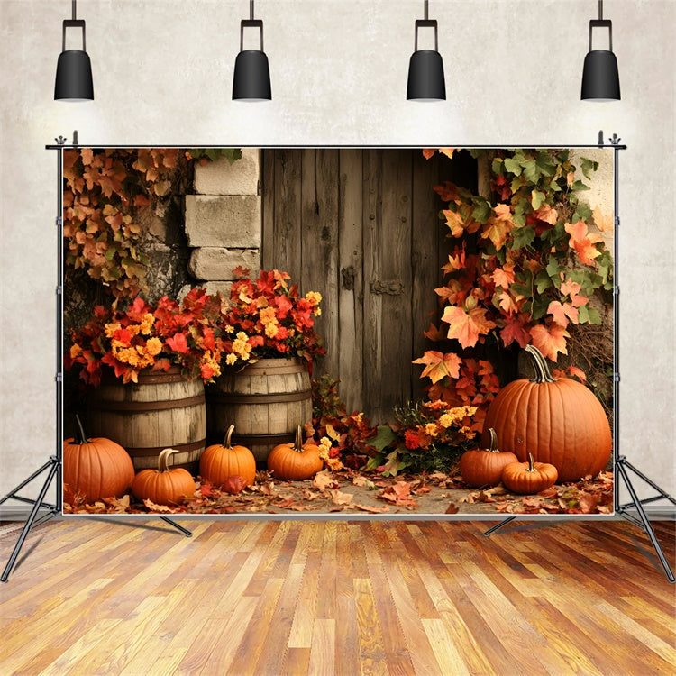 Autumn Leaves Backdrop Wooden Door Autumn Floral Backdrop GQ5-98