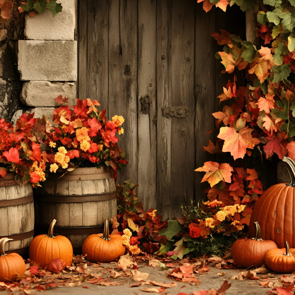 Autumn Leaves Backdrop Wooden Door Autumn Floral Backdrop GQ5-98