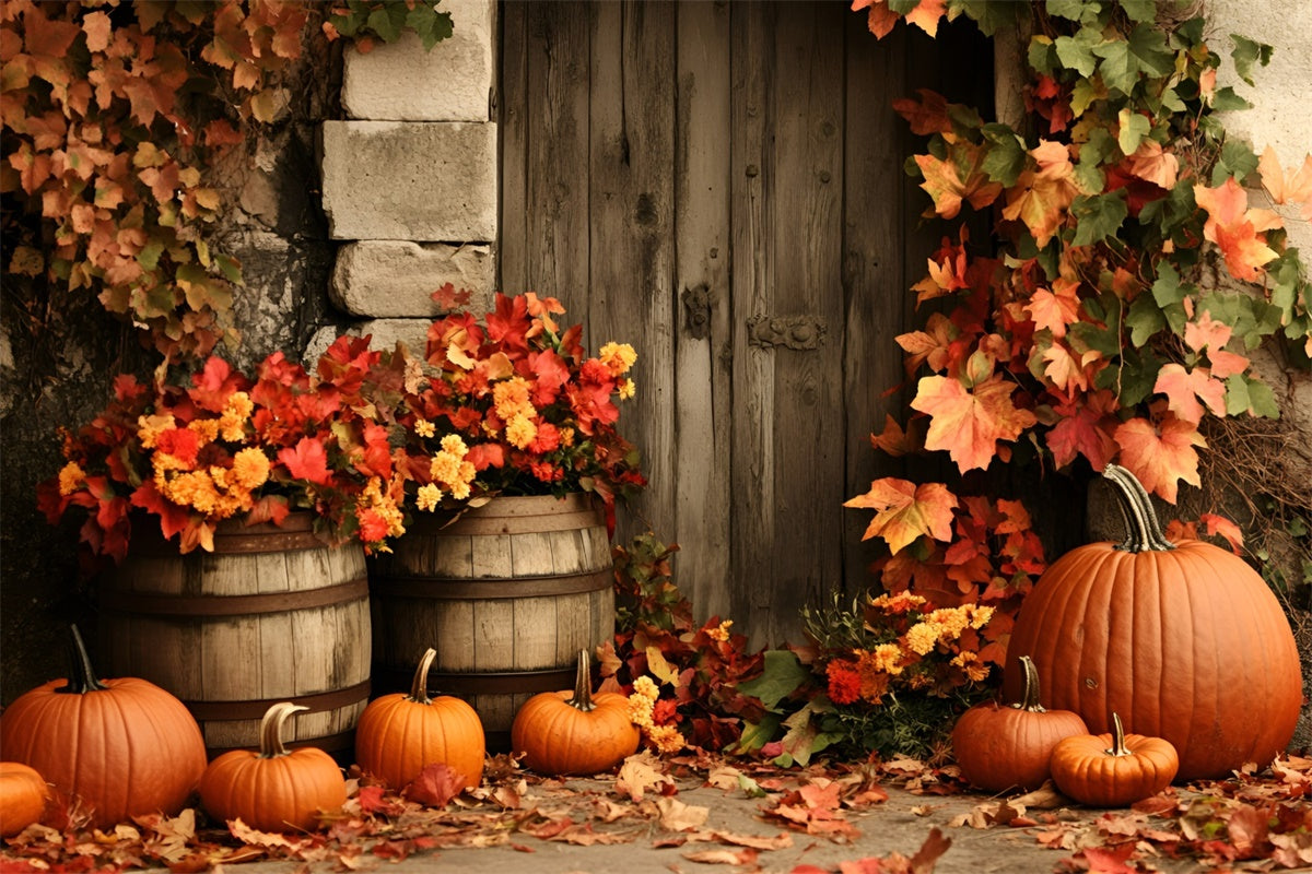 Autumn Leaves Backdrop Wooden Door Autumn Floral Backdrop GQ5-98