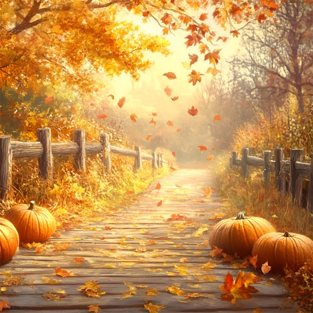 Fall Leaves Backdrop Rustic Fence Trail Forest Backdrop GQ57-108