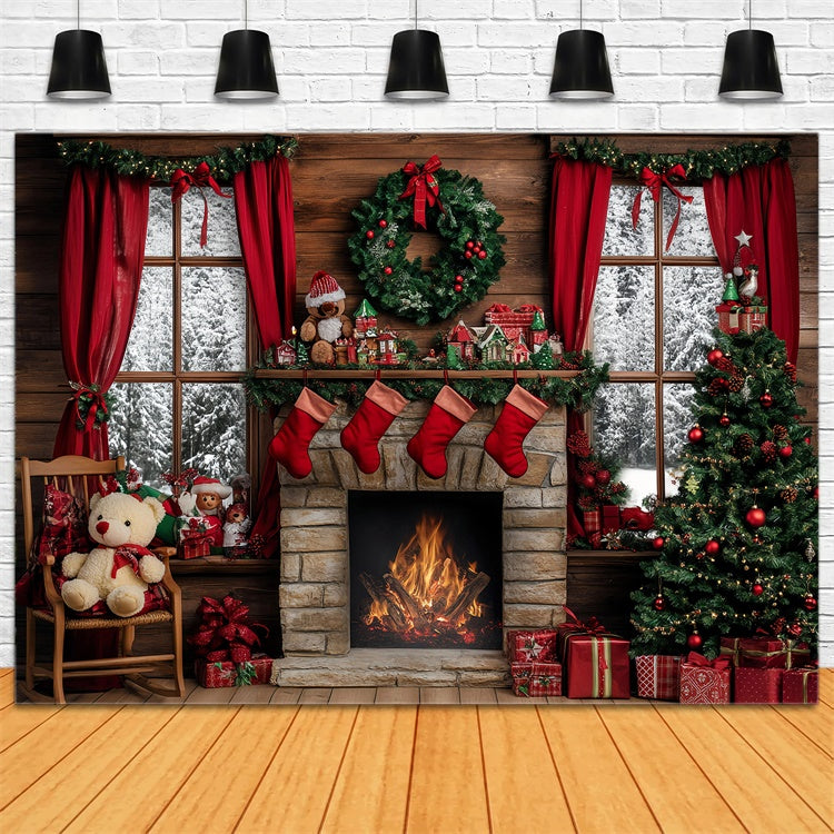 Christmas Fireplace Backdrop Rustic Hearth Tree Backdrop GQ57-13