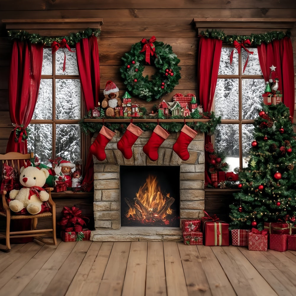 Christmas Fireplace Backdrop Rustic Hearth Tree Backdrop GQ57-13