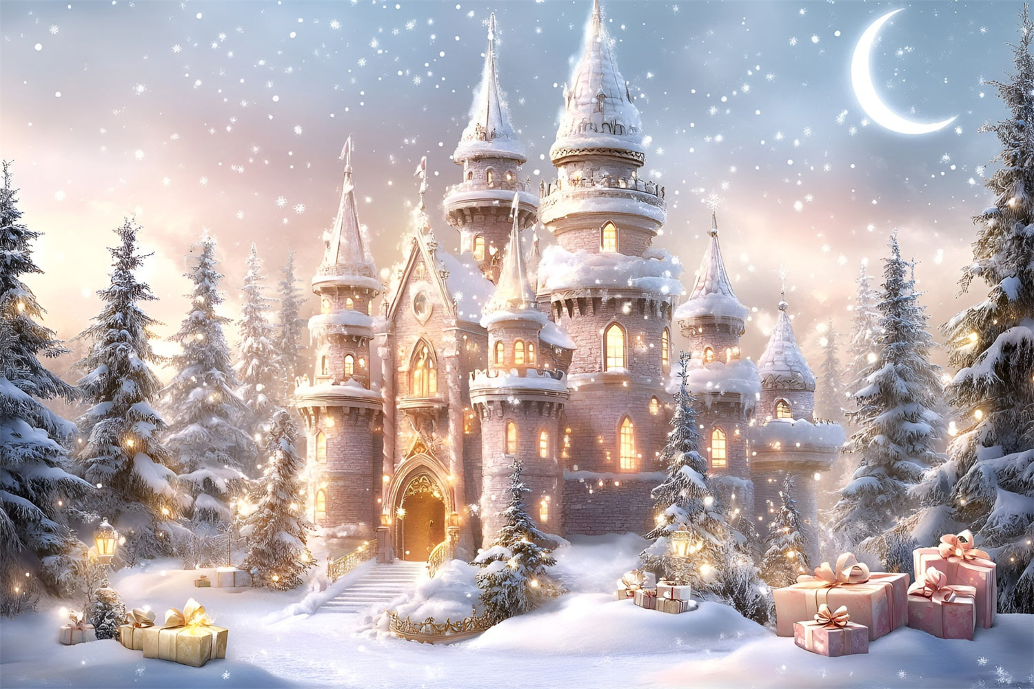Christmas Backdrop For Photos Snowfall Gift Palace Backdrop GQ57-26