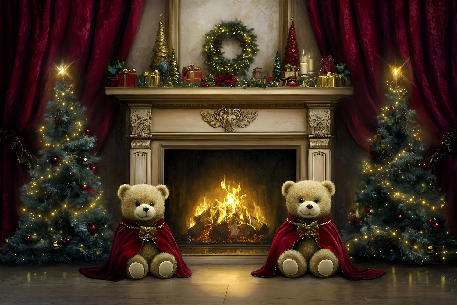 Christmas Fireplace Backdrop Teddy Bear Hearth Backdrop GQ57-27