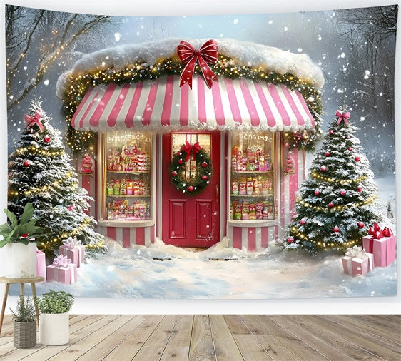 Christmas Backdrop For Photos Pink Festive Sweet Shop Backdrop GQ57-38