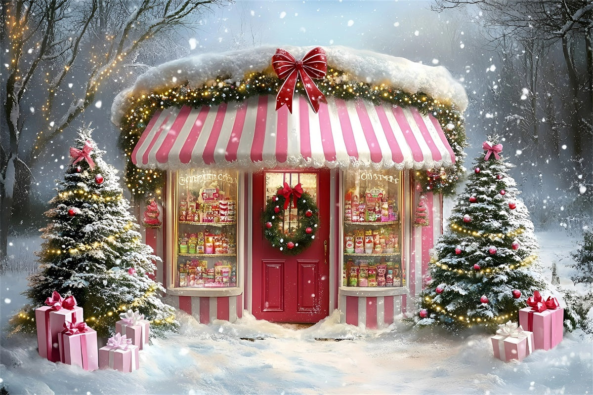 Christmas Backdrop For Photos Pink Festive Sweet Shop Backdrop GQ57-38