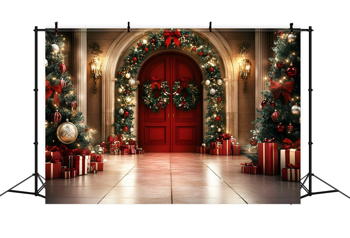 Professional Christmas Backdrops Red Door Garland Glow Backdrop GQ57-43