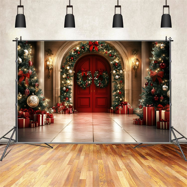 Professional Christmas Backdrops Red Door Garland Glow Backdrop GQ57-43