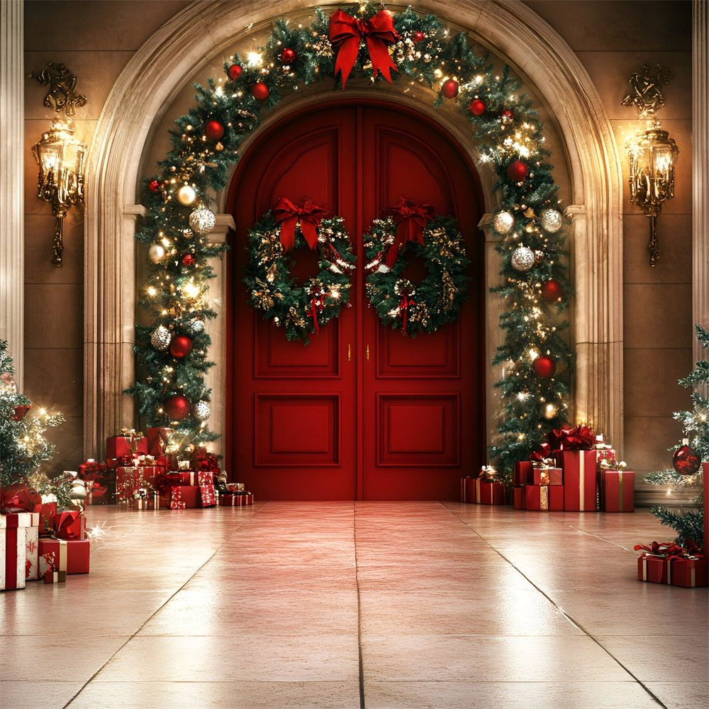 Professional Christmas Backdrops Red Door Garland Glow Backdrop GQ57-43