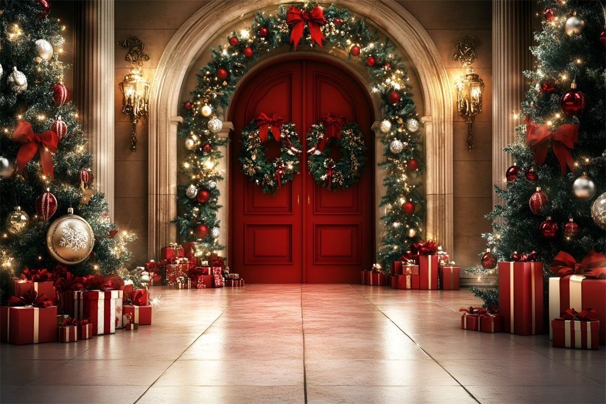 Professional Christmas Backdrops Red Door Garland Glow Backdrop GQ57-43