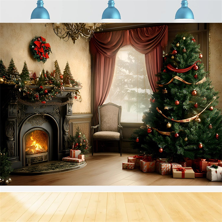Christmas Fireplace Backdrop Vintage Christmas Parlor Backdrop GQ57-44