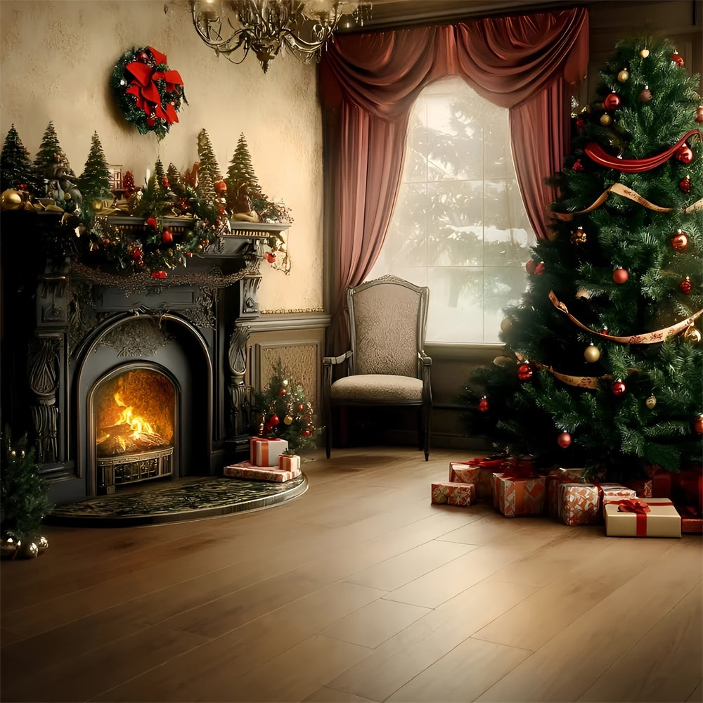 Christmas Fireplace Backdrop Vintage Christmas Parlor Backdrop GQ57-44