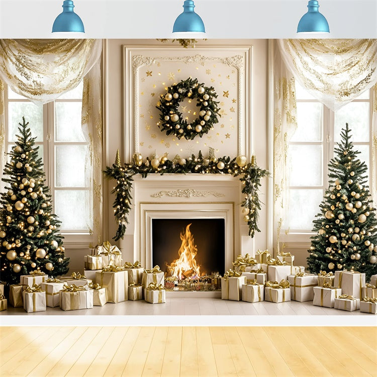 Christmas Fireplace Backdrop White Gold Holiday Backdrop GQ57-48