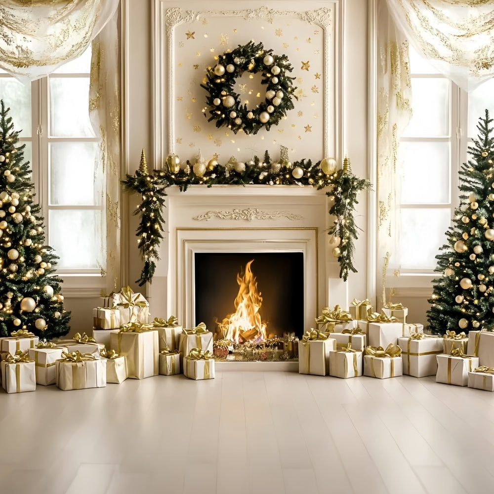 Christmas Fireplace Backdrop White Gold Holiday Backdrop GQ57-48