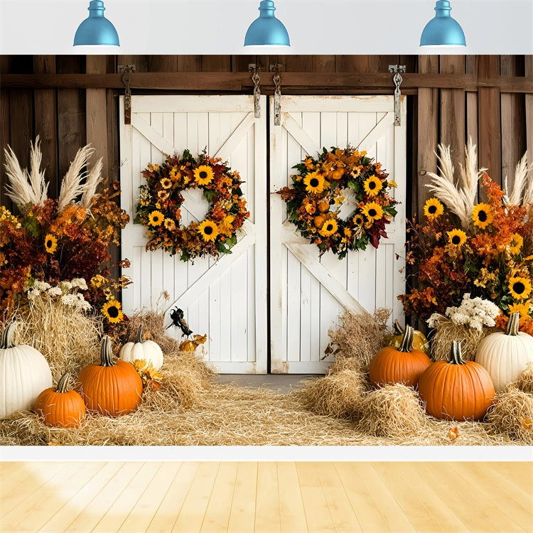Barn Door Backdrop Pumpkin Hay Wreath Fall Backdrop GQ57-95