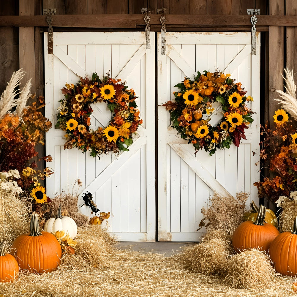 Barn Door Backdrop Pumpkin Hay Wreath Fall Backdrop GQ57-95