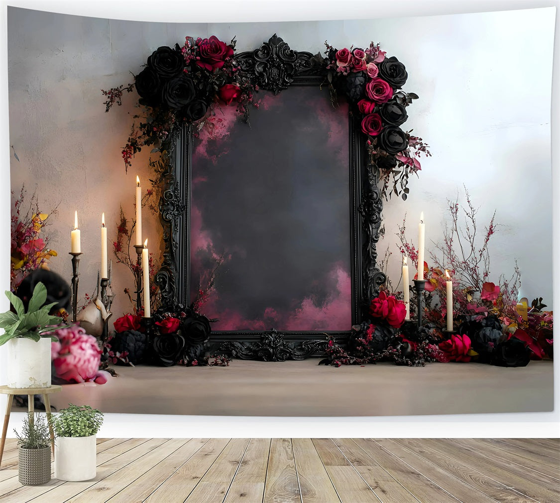 Gothic Backdrop Romantic Black Red Rose Candle Frame Vintage Photo Backdrop GQ58-112