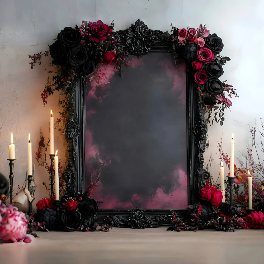 Gothic Backdrop Romantic Black Red Rose Candle Frame Vintage Photo Backdrop GQ58-112
