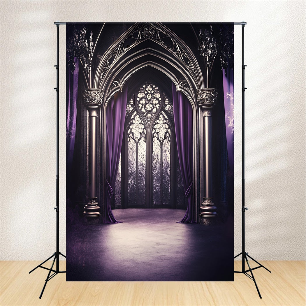 Gothic Backdrop Purple Draped Cathedral Arched Window Vintage Backdrops GQ58-113