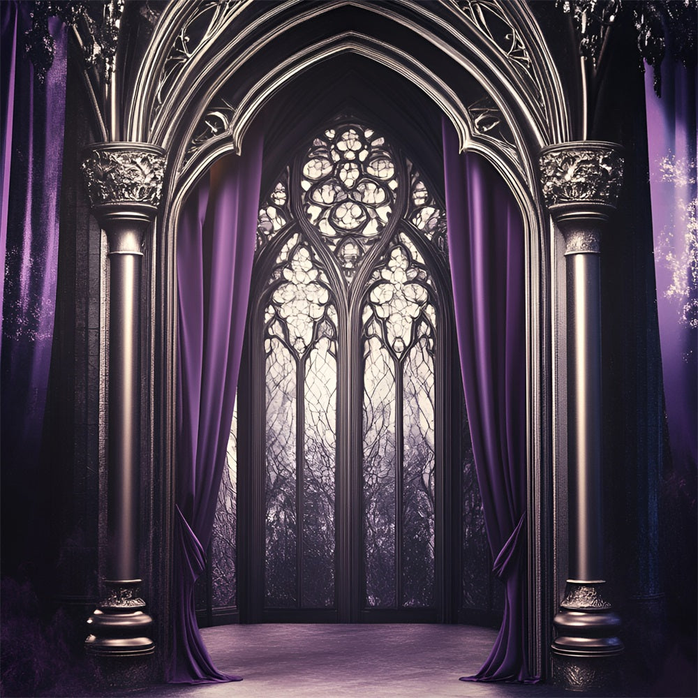 Gothic Backdrop Purple Draped Cathedral Arched Window Vintage Backdrops GQ58-113