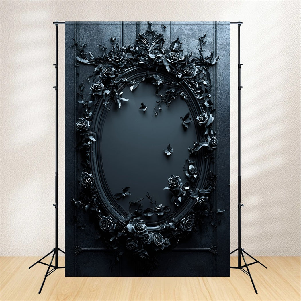 Gothic Backdrop Midnight Black Rose Oval Mirror Vintage Backdrop For Photoshoot GQ58-114