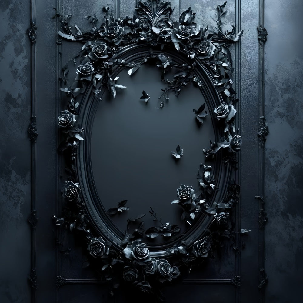 Gothic Backdrop Midnight Black Rose Oval Mirror Vintage Backdrop For Photoshoot GQ58-114