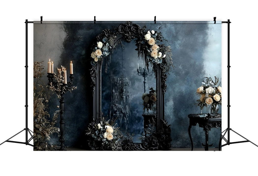 Gothic Backdrop Black Ornate Mirror Ivory Roses Vintage Photography Backdrops GQ58-115